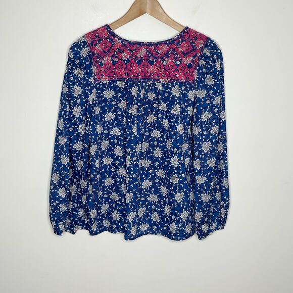 J. Crew Womens Embroidered Peasant Top XS Blue Pink V Neck Tasseled Cotton - Picture 8 of 11